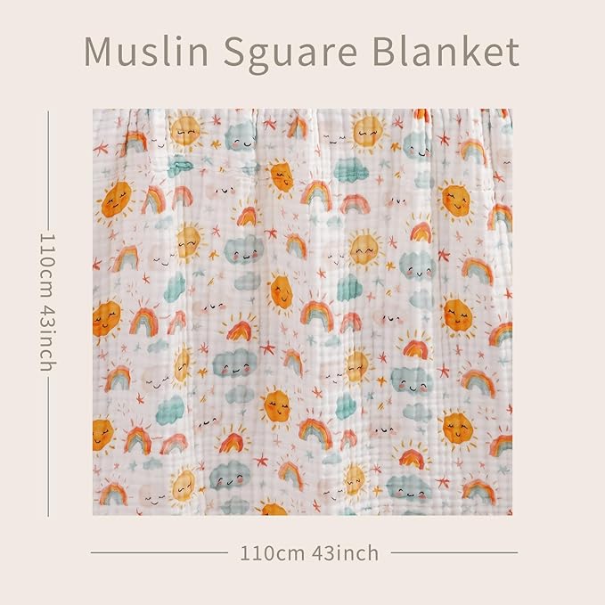 Muslin Swaddle Blankets 6-Layer Cotton Baby Blankets for Boys & Girls 43"X43"Inches Receiving Blankets,Soft Skin-Friendly Baby Crib Blanket,Breathable Quilt Bedspread(Sunny)