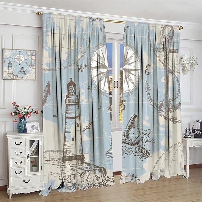 Nautical Theme Window Curtains,Pirate Sailboat Curtains for Bedroom,Conch Starfish Print Draperies for Living Room,Ocean Window Treatment Curtains Set 2 Panels,42x45 Inches