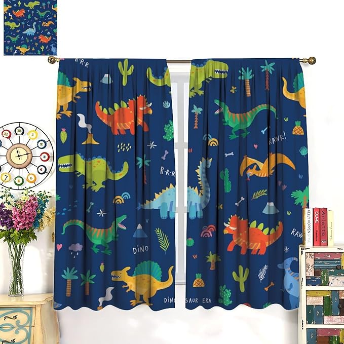 Funny Dinosaur Blackout Curtains Colorful Cartoon Animals Dino Tropical Plant Art Print for Kids Boys Bedroom Living Room Rod Pocket Decoration Window Drapes 2 Panels W31.5xL63in