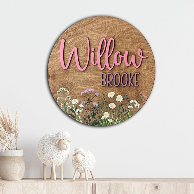 Personalized Wooden Name Sign, Custom Wildflower Nursery Sign, Round Name Sign, Baby Shower Decor, Wildflower Decor, Boho Floral Pattern, Wooden name signs for nursery gift