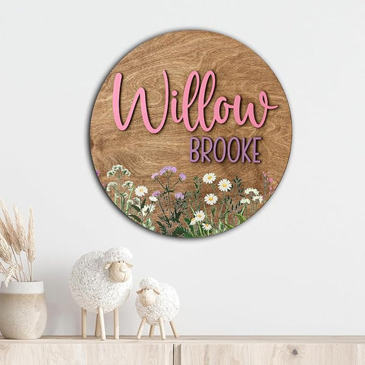 Personalized Wooden Name Sign, Custom Wildflower Nursery Sign, Round Name Sign, Baby Shower Decor, Wildflower Decor, Boho Floral Pattern, Wooden name signs for nursery gift