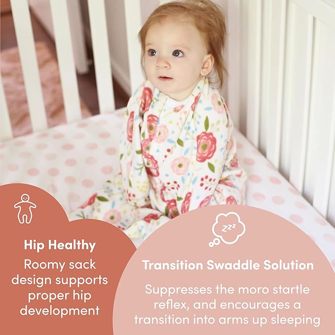 SleepingBaby Fleece Zipadee-Zip Transition Swaddle and Snuggle Strap Bundle - Roomy Baby Swaddle Blanket with Zipper Convenience and Wearable Blanket Accessory, Pretty Poppy, Medium (6-12 Month)