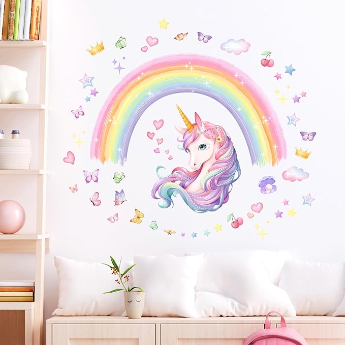Unicorn Rainbow Wall Stickers, Watercolor Rainbow Stars Wall Decals Peel and Stick Wall Decal Self Adhesive Home Decor for Girls Nursery Kids Room
