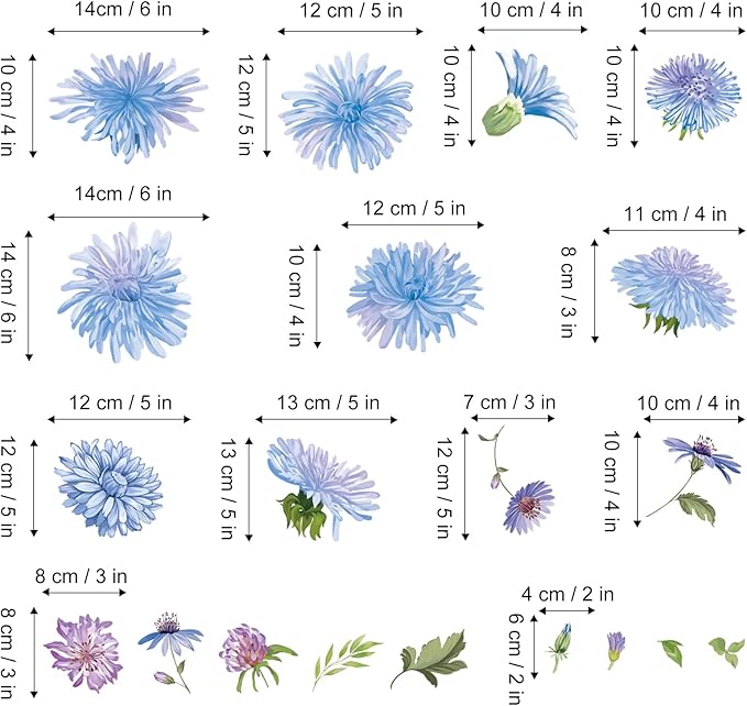 Daisy Flowers Wall Decals, 32 Pcs Blue Floral Leaves Wall Stickers, Bedroom Living Room Girls Nursery Room Wall Art Decor
