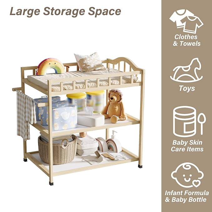 Paintless Pine Wood Baby Changing Table with Storage Shelves, Portable Nursery Diaper Changing Station for Infants, Children's Room, Bedroom, Nursery Changing & Dressing Furniture,Natural