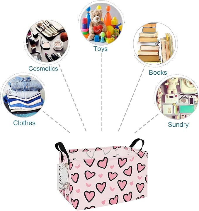 FANKANG Storage Bins, Nursery Hamper Canvas Laundry Basket Foldable with Waterproof PE Coating Large Storage Baskets for Kids Boys and Girls, Office, Bedroom, Clothes,Toys(Rec-Pink Love ）
