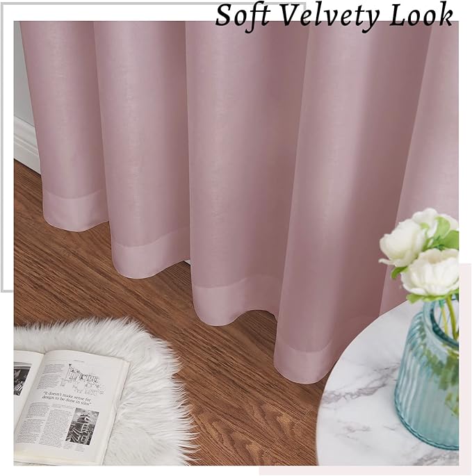 Melodieux Dusty Pink Velvety Semi Sheer Curtains 84 Inches Long for Bedroom, Living Room Natural Cotton Texture Rod Pocket Window Sheer Drapes, 52 by 84 Inch (2 Panels)