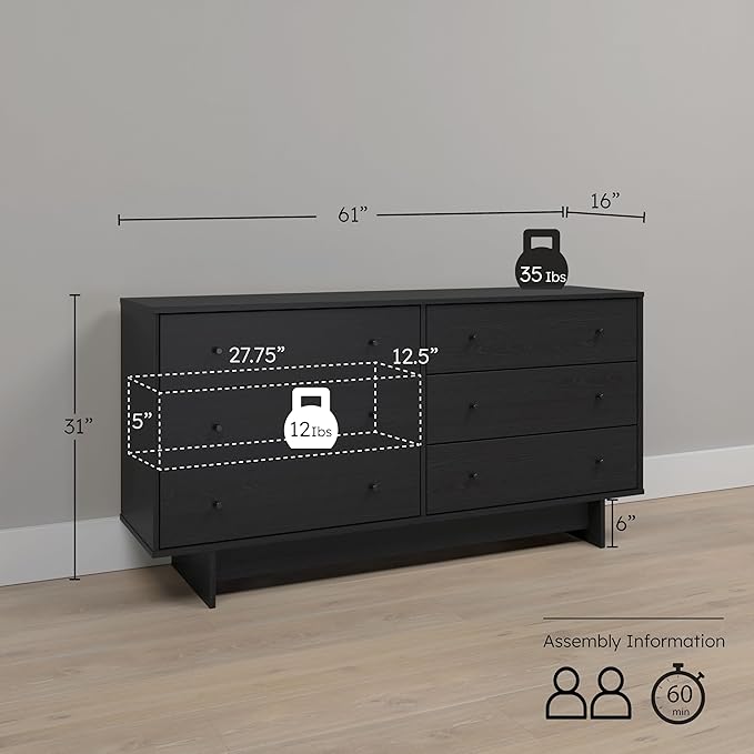 Prepac Finnley 6-Drawer Dresser in Black Oak, Dresser for Bedroom, Extra-Wide Chest of Drawers with Storage, Modern Clothing Organizer for Home, Bedroom, Living Room, 16" D x 61" W x 31" H