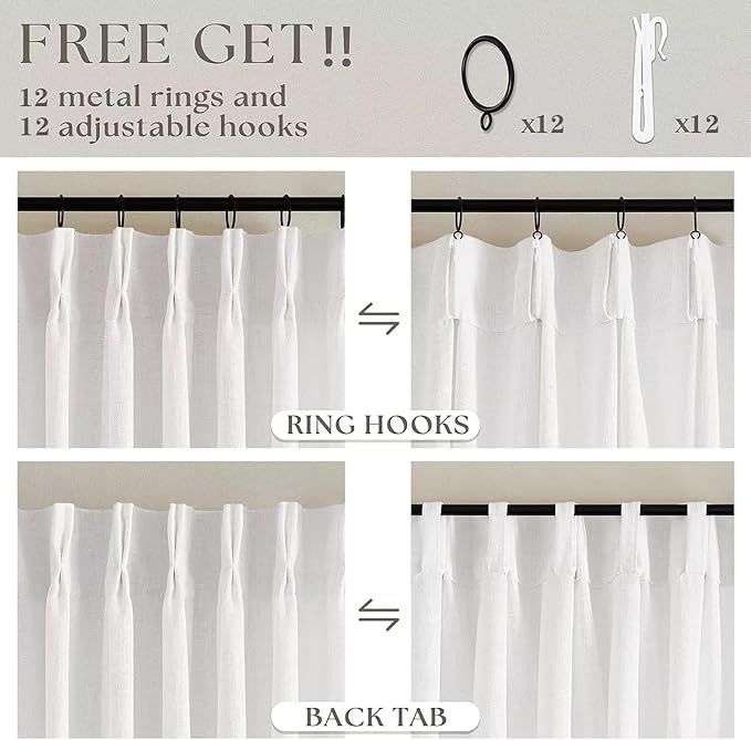 Beige White Pinch Pleated Linen Curtains 1 Panel for Living Room Bedroom Memory Training Shaped Semi Sheer Pleat Drapes with Hooks Rings Light Filtering Window Curtain 60x108