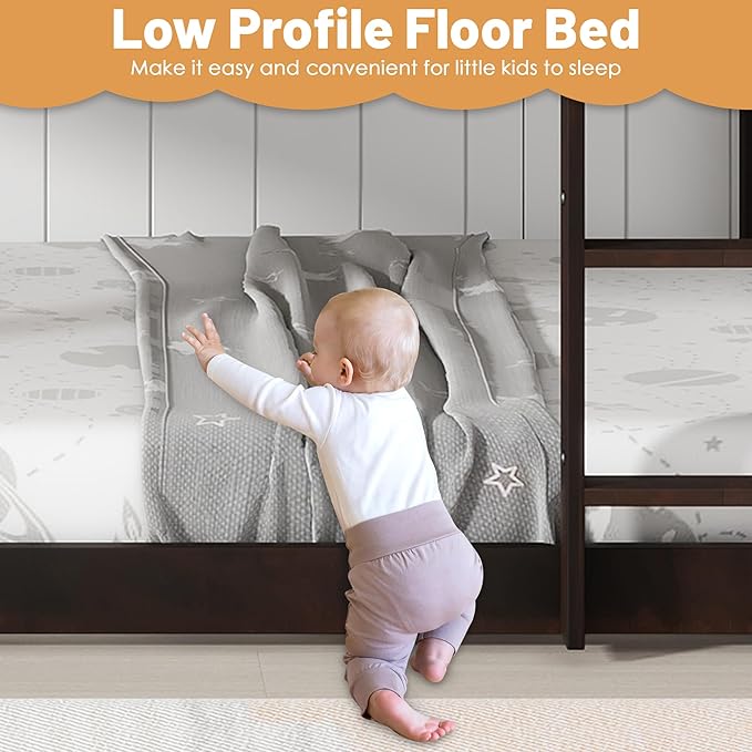 Bunk Bed Twin Over Twin, Wood Low Profile Floor Twin Bunk Beds with Ladder Guardrails for Kids Boys and Girls, No Box Spring Needed