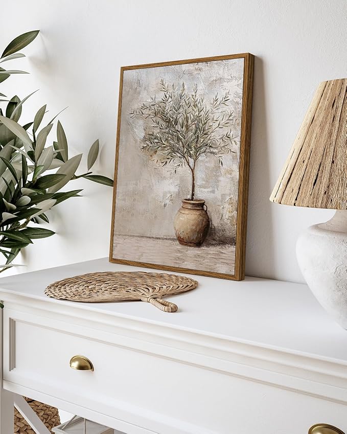 ARPEOTCY Vintage Framed Canvas Wall Art, 12x16inch, Farmhouse Olive Tree in Vessel Wall Decor, Still Life Art Prints Home Decorations, Botanical Paintings for Living Room Bedroom Office Decor
