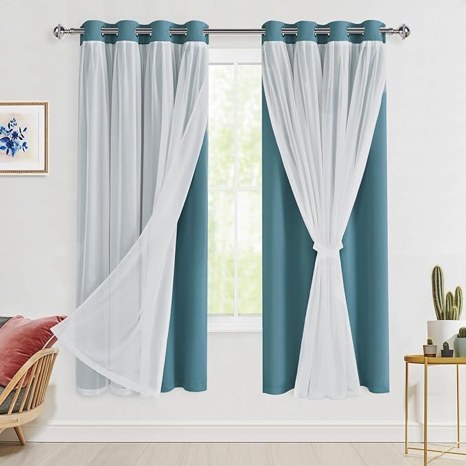 Hiasan Blackout Curtains with Sheer Overlay, Thermal Insulated Privacy Mix & Match Double Layer Window Curtains for Girls Bedroom, Living Room, 2 Drape Panels with Tiebacks,Stone Blue, 52W X 63L