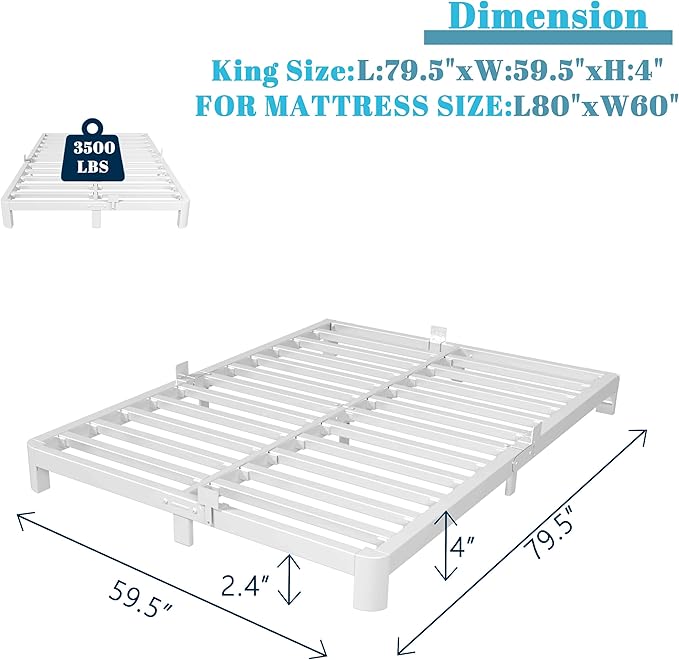 Queen Bed Frame 4 Inch White, Metal Bed Frame Queen Size with Baffles, No Box Spring Needed, Heavy Duty Steel Platform Support, Rounded Corner Design, Noise Free, Easy Assembly