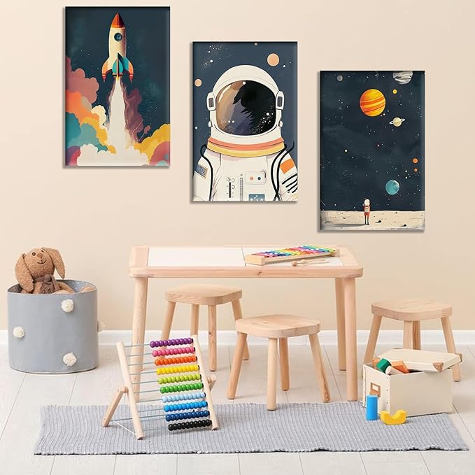 3Pcs Astronaut Wall art Nursery Space Adventure Posters Prints Rocketship Wall Decor Explore Dream Galaxy Canvas Prints Funny Planet Painting for Boys Girls Kids Bedroom Living Framed