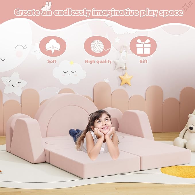 12 PCS Modular Kids Play Block Couch Child Sectional Soft Sofa Toddler Building Fortplay Climbing Bedroom Playroom Baby Convertible Floor Foam Cushion for Boys & Girls (Pink-Double-1)