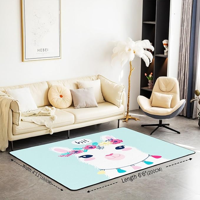 Cute Cartoon Llama Decorative Carpet Living Room Rugs for Bedroom Rugs Teal Llama Alpaca Decor Extra Soft Rugs for Living Room Bedroom Room Machine Washable Rugs