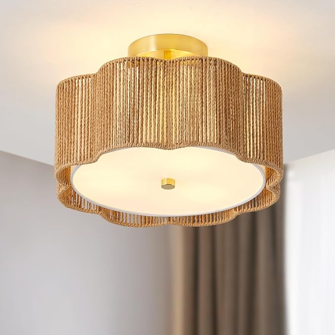 Rattan Ceiling Light Fixtures Flush Mount,3-Light Boho Light Fixtures Ceiling Mount for Bedroom,Close to Ceiling Light Modern Rattan Chandelier Lighting for Hallway Kitchen Dining Room(Yellow)
