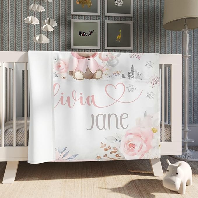 Personalized Baby's First Christmas Blanket, Custom Floral Teddy Bear Baby Name Christmas Blanket, Soft Fleece Or Sherpa Throw, Baby Shower, Made in USA