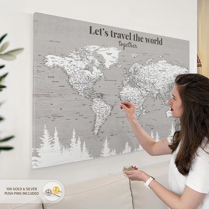 ElephantStock - Let's Travel II Push Pin World Map Wall Art - Horizontal Canvas Wall Art - Living Room Wall Decor - Digital Art Map Canvas Art - Gray And White Decor - 48" x 32"