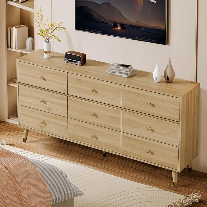 9 Drawer Dresser,63" Wide Mid Century Modern Chest of Drawers,Wooden Bedroom Drawer Dresser with 9 Storage Drawers for Bedroom, Living Room,with Anti-Tipping Device,Natural
