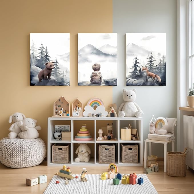 Cyebmo Framed Woodland Boy Nursery Wall Art Set of 3, Whimsical Boy Adventure Wall Decor, Mountain Forest Animal Bear Fox Wrapped Canvas Artwork for Classroom Kids Room Baby Nursery 16"x24"x3