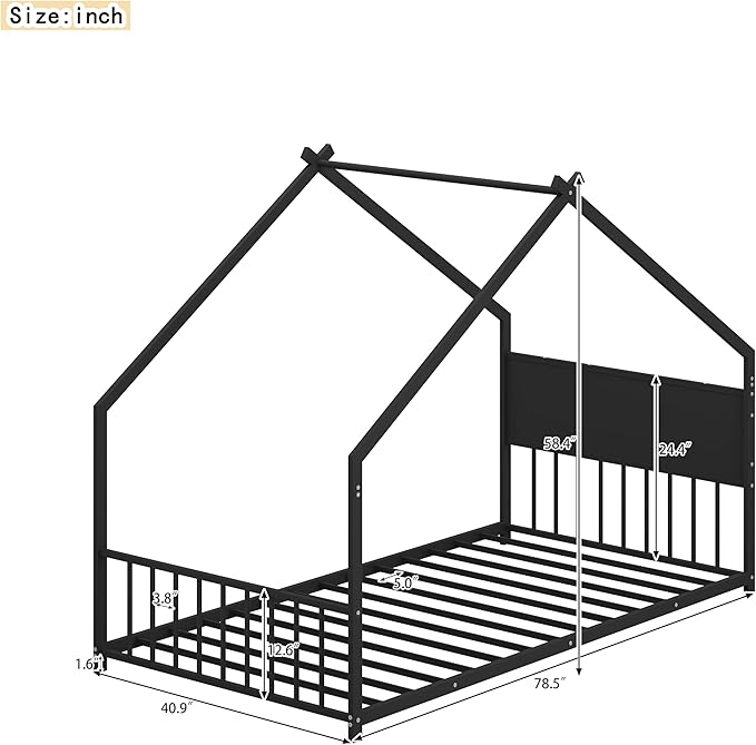 Ball & Cast Twin Size Floor Bed,Low to Ground Montessori Bed with Roof & Colorful LED Lights,Toddler House Bed Frame W/Slats and Legs,No Box Spring Needed,for Girls Boys,Black