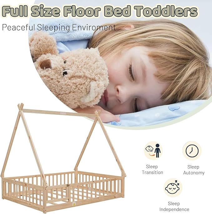 Full House Bed Frame with Fence Rails and Door,Wood Montessori Floor Bed with Slats Support,Teepee Tent Beds Kids Bed Frames for Girls Boys, Natural
