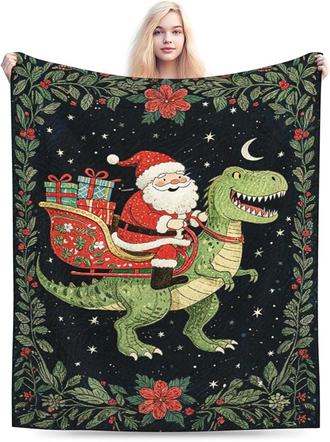 Dinosaur Blanket Christmas Santa Claus Dinosaur Throw Blanket Soft Cozy Fleece Fuzzy Plush Warm Stuff Bedding Nursery Toddler Baby Blankets Gifts for Boys Girls Kids Adult Men Women 50"X60"