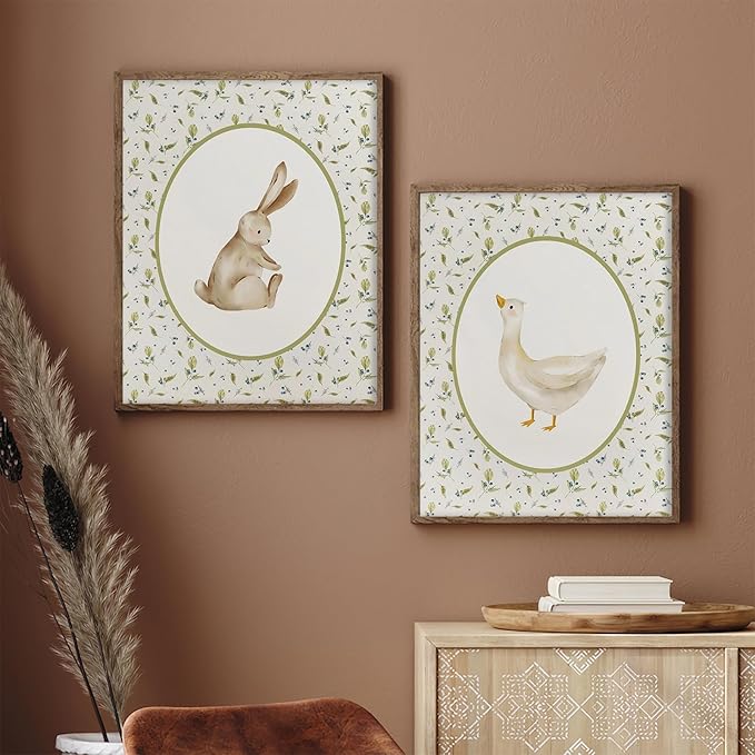 Vintage Nursery Wall Art Kid's Room Wall Decor Animal Picture Farmhouse Poster Baby Room Poster Cute Goose and Bunny Picture Set Of 2 Rabbit Duck Prints 12x16 Inch UnFramed for BedRoom Children's Room