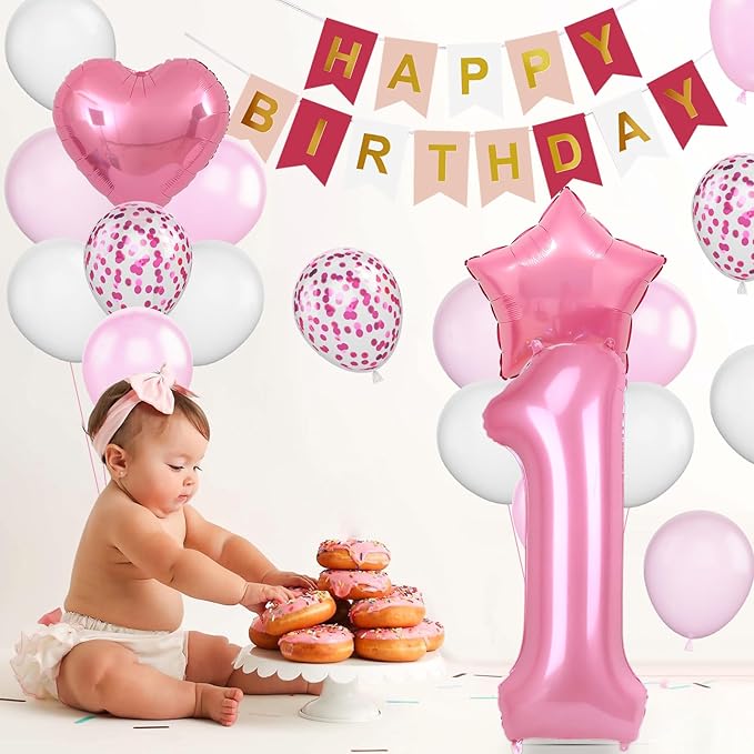 1st Birthday Decoration for Girls, Pink White Confetti 1st Birthday Balloon with 40 Inch Number 1 Pink Balloon Star Heart Balloons and Happy Birthday Banner for Baby 1 Year Old Birthday Party Decor