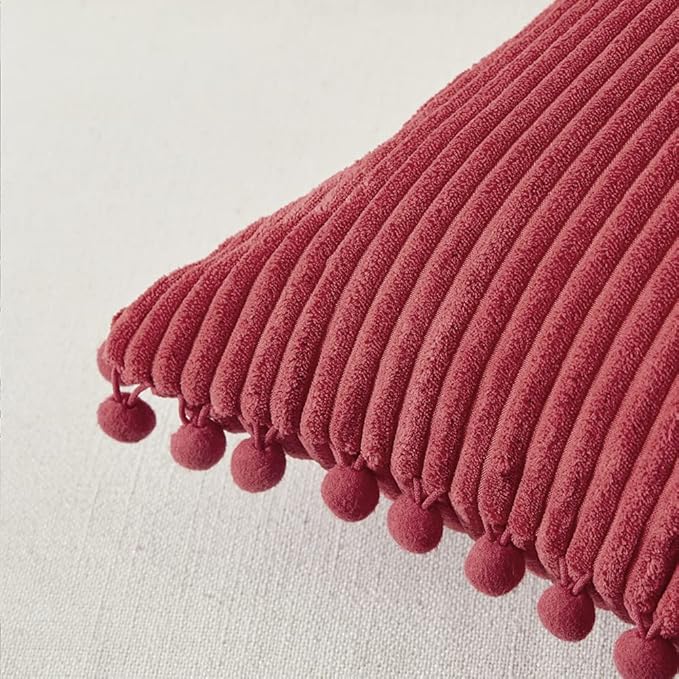Fancy Homi 2 Packs Burgundy Lumar Decorative Throw Pillow Covers 12x20 Inch with Pom poms, Christmas Home Decor, Soft Corduroy Accent Rectangle Cushion Case for Living Room Couch Bed Sofa