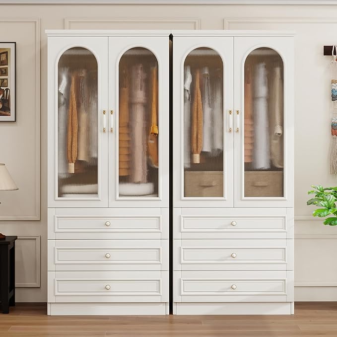 Solid Wood Wardrobe Closet:TemkTuek 70.87" Large Armoire,Clothing Storage Cabinet with Drawers,Doors,Hanging Railsand Shelves,Vintage Freestanding,Bedroom,White(19-19)