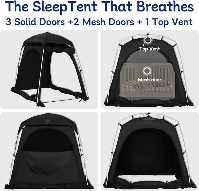 Baby Blackout Tent Fits Crib, Pack N Play, Toddler Travel Bed & Kids Cot, CPC Certified Sleep Pod with Fan Pocket 2 Mesh Doors, Breathable & Quiet Design, Easy Setup & Portable