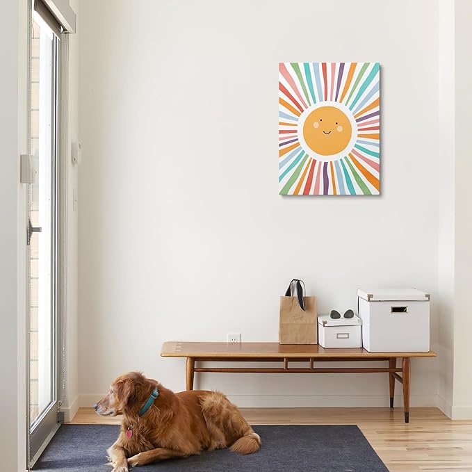XWELLDAN Cute Cartoon Smiling Sun Cheerful Nursery Wall Art Canvas Prints,Watercolor Boho Neutral Sun Sunshine Wall Art Decor for Kids Baby Bedroom Nursery Playroom, 11 x 14 Inch（multi color）