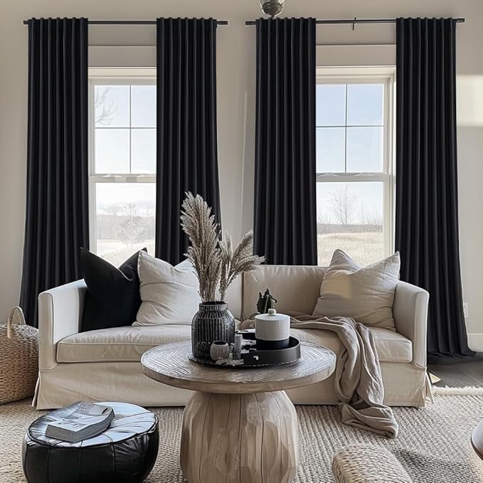 Long Black Curtains for Living Room Black Out Drapes for Bedroom, Lush Decor Floor Length Track Linen 102 Inch Length Curtain Panels Burg Sound Deadening Thermal Patio Door (50" W x 102" L)
