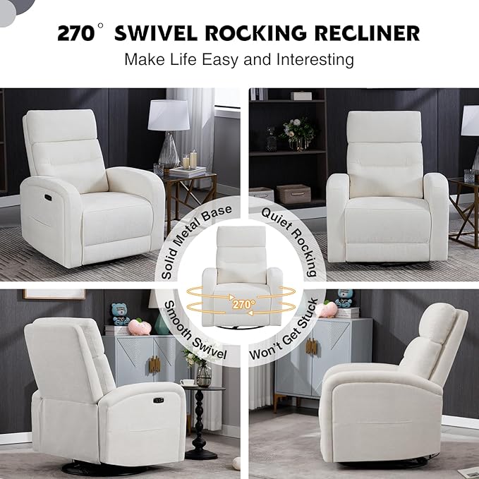 Power Glider Recliner Nursery Rocking Chairs with USB, Electric Swivel Rocker Glider Chair for Living Room, Upholstered Recliner Chairs for Bedroom, Bedroom, Chenille White