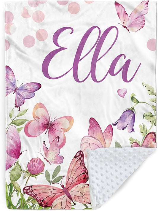 Personalized Baby Blanket for Girls, Custom Name Blanket for Newborn New Mom, Soft Flannel with Double Layer Dotted Backing, Ideal Gifts for Baby Shower Christmas Birthday, Butterfly(30”x40)