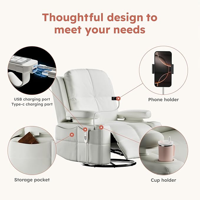 Triple Motor Power Swivel Rocker Recliner Chair with Adjustable Armrests for Adults Elderly, FSC Certified Faux Leather Rocking Chair Nursery for Breastfeeding(White)