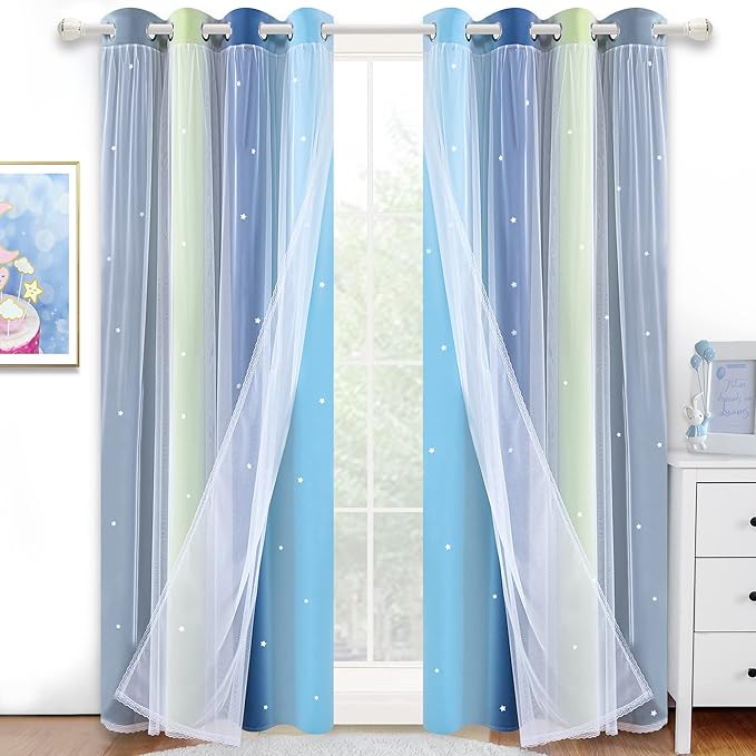 Kinryb Nursery/Kids/Girls Room Star Cut Out Blackout Rainbow Curtain with Sheer Overlay 2 Panels, Each 52 inch Wide,108 inch Length with White Gauze,Ombre Stripe Rainbow Curtains (2 Pcs,52x108 Inch)