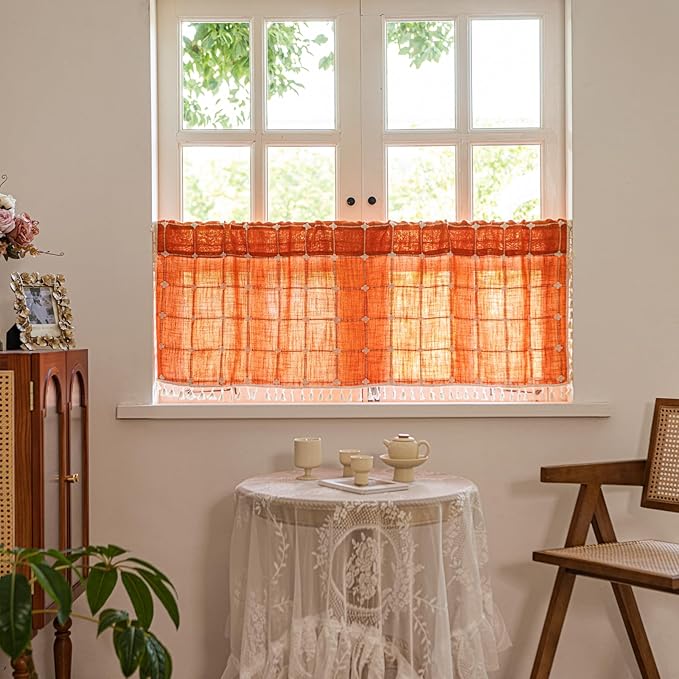 Deeprove Burnt Orange Boho Curtain Valance 18 Inches Length Teal Bohemian Lattice Gingham Textured Embroidery Plaids, Vintage Chic Tassels Casual Fall Decor Drapes Rod Pocket, 1 Panel W52 x L18