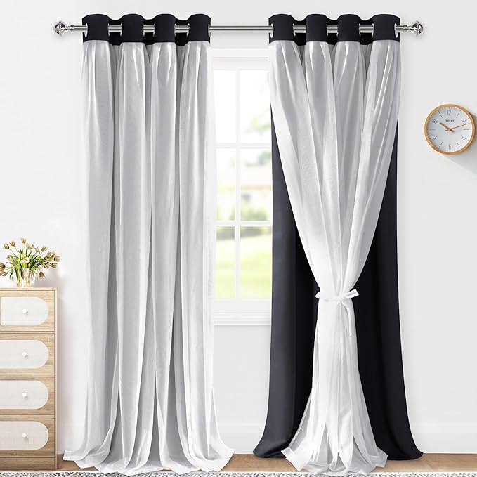 XWZO 100% Blackout Double Layer Curtains, Blackout Curtains with Sheer Overlay for Living Room, Bedroom, Grommet Thermal Insulated Privacy Curtains with Tiebacks, 2 Panels, 52x96, Black