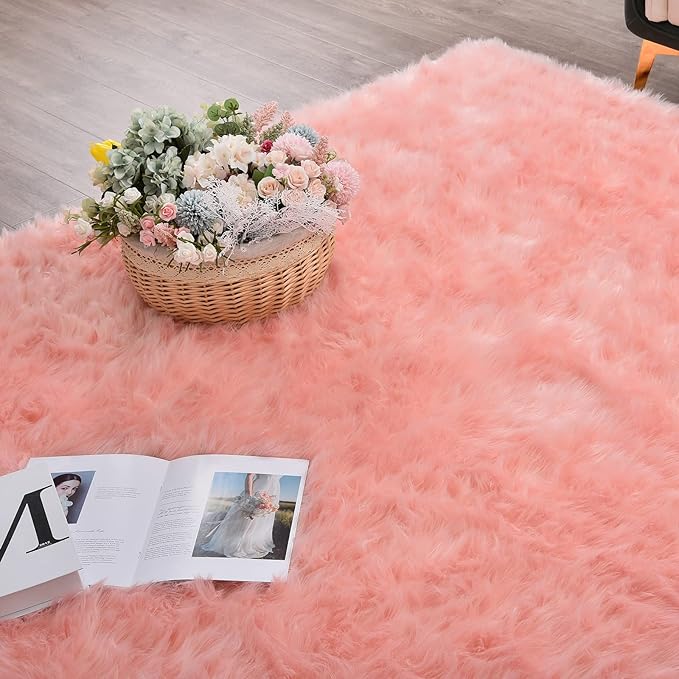 Pink Fluffy Sheepskin Fur Area Rugs for Bedroom Washable Furry Carpet Rug for Living Room Faux Fur Rug 2x3 Nursery