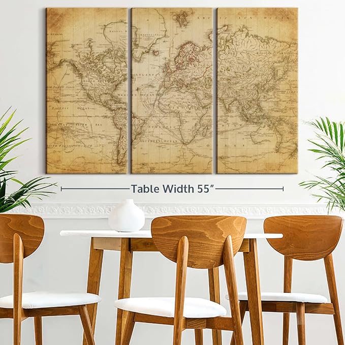 ElephantStock Old Century World Map Wall Art Multi Piece Canvas - 3 Piece Canvas World Map Wall Decor - Ready-to-Hang Print - Vintage Wall Art - 57" X 36"