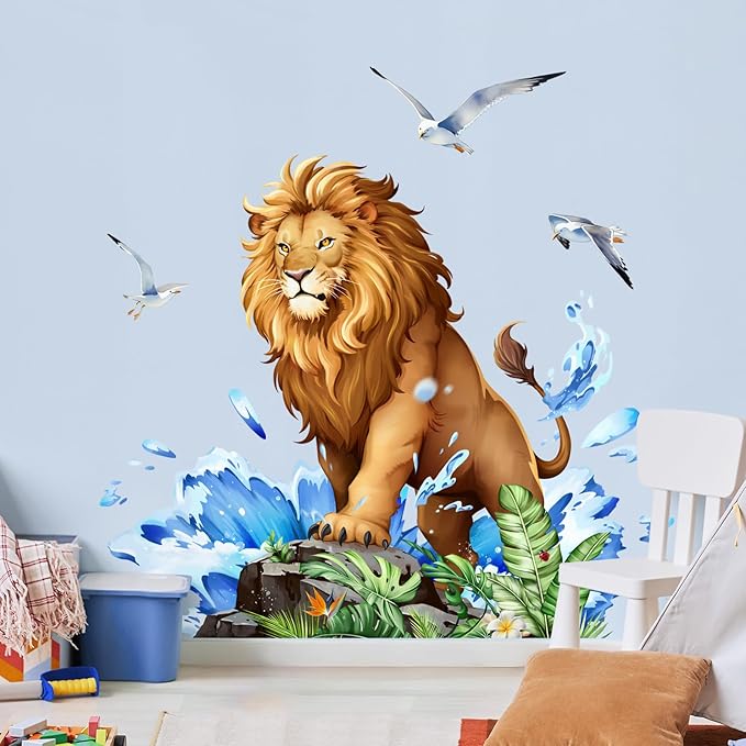 Tanlaby Lion Wall Decals Jungle Animal Wall Sticker with Leaves Waves Seagulls Peel and Stick Tropical Safari Animals Art Decor for Baby Nursery Boy Kids Toddler Bedroom Playroom
