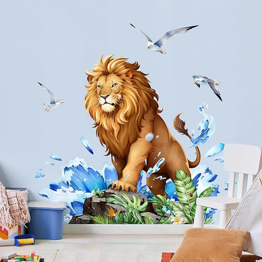 Tanlaby Lion Wall Decals Jungle Animal Wall Sticker with Leaves Waves Seagulls Peel and Stick Tropical Safari Animals Art Decor for Baby Nursery Boy Kids Toddler Bedroom Playroom