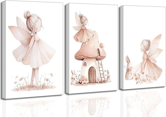 UNDDISINS 3 Pcs Pink Fairy Nursery Canvas Wall Art Girs Room Pink Nursery Painting Picture Wall Decor Cute Fairy Posters Art Fairies Paintings Artwork for Kids Room Toddler GirlRoom Home Decoration