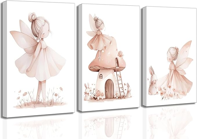 UNDDISINS 3 Pcs Pink Fairy Nursery Canvas Wall Art Girs Room Pink Nursery Painting Picture Wall Decor Cute Fairy Posters Art Fairies Paintings Artwork for Kids Room Toddler GirlRoom Home Decoration
