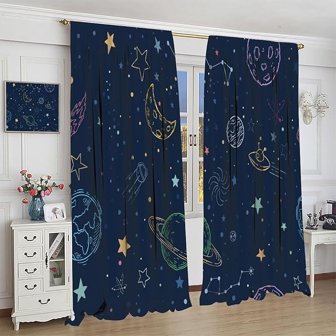 Navy Blue Space Curtains, Cartoon Outer Space Stars Planets Theme Galaxy Curtains for Kids Teens Bedroom Nursery Toddlers Room 52" W X 84" L