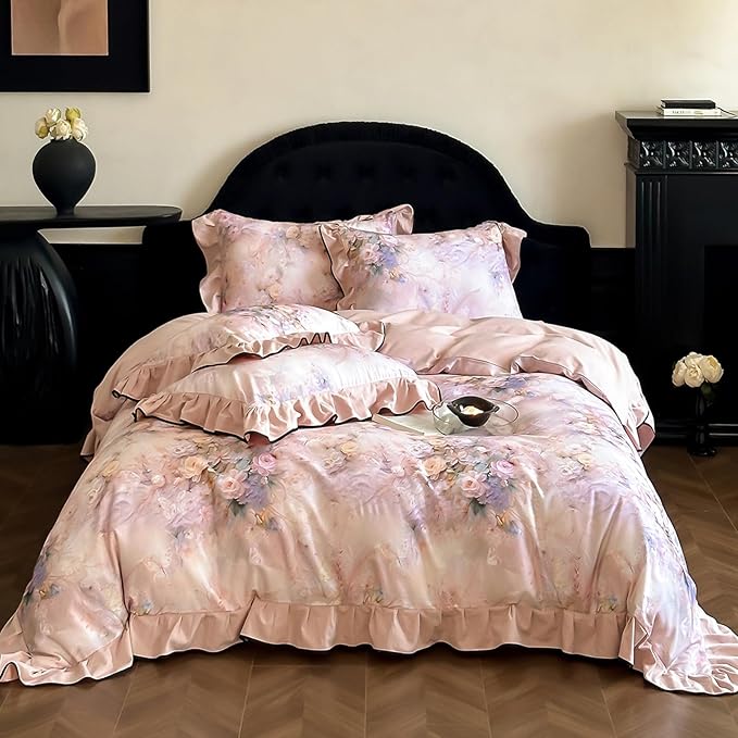HighBuy French Ruffle Duvet Cover Queen Size,Brushed Cotton Soft Pink Floral Chic Cottagecore Bedding Set Breathable for Hot Sleepers,Durable Comforter Cover Set - 1 Duvet Cover 2 Pillowcases