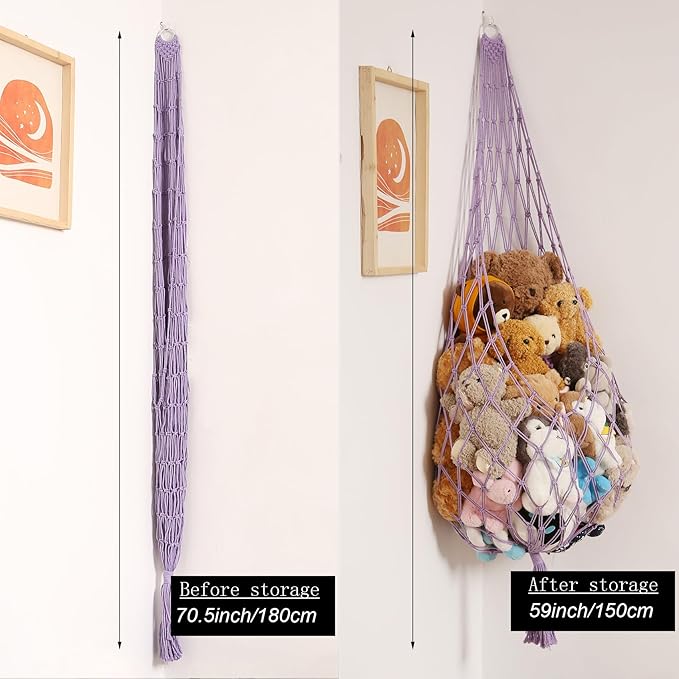 Upgrade Stuffed Animal Hammock Corner or Wall Hanging Net for Stuffy Animal Storage Macrame Toy Display Over Door Toy Holder Kid Bedroom Decor Playroom Organizer (Purple XL)